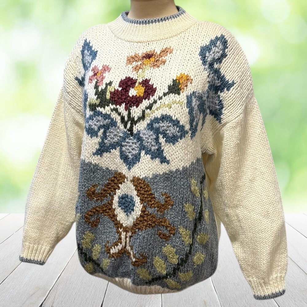 Vintage 80s HASTING & SMITH Hand Knit Sweater Folk Art Floral Cottagecore Size L